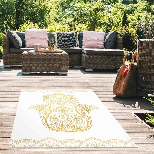Boho Outdoor Teppich – Hamsa Hand Illustration Weiß Gold