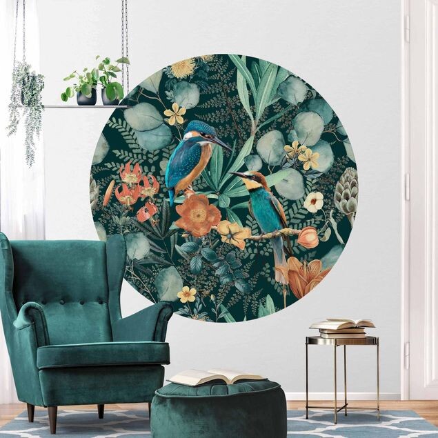 Grüne Wand Wohnzimmer – Tapete Blumenparadies Eisvogel und Kolibri