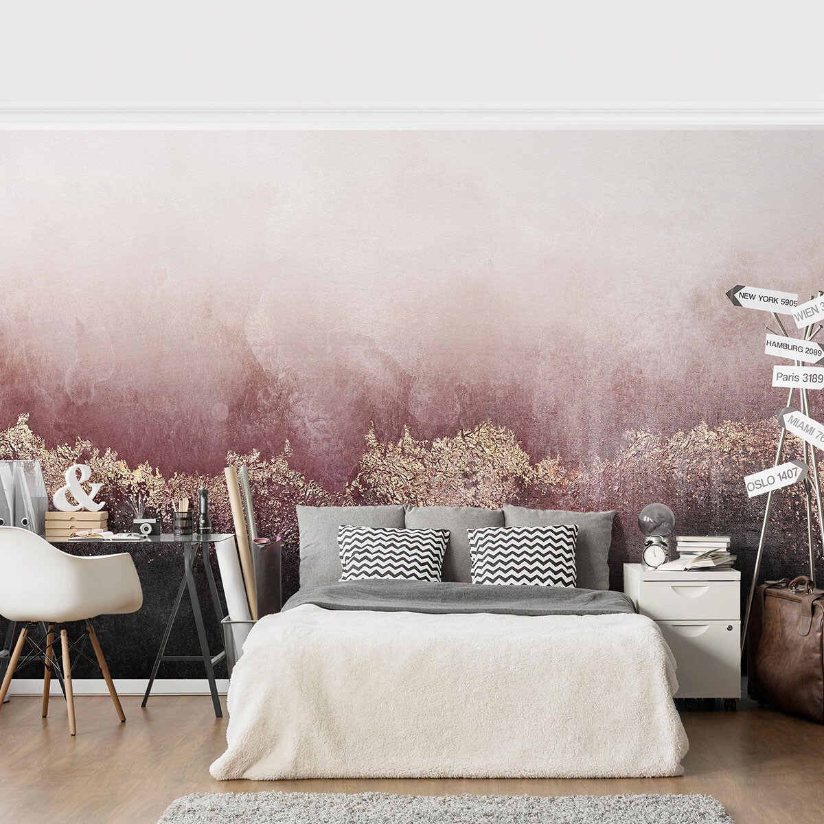 Schlafzimmer Tapete Ideen für hinters Bett – Goldene Dämmerung Rosa