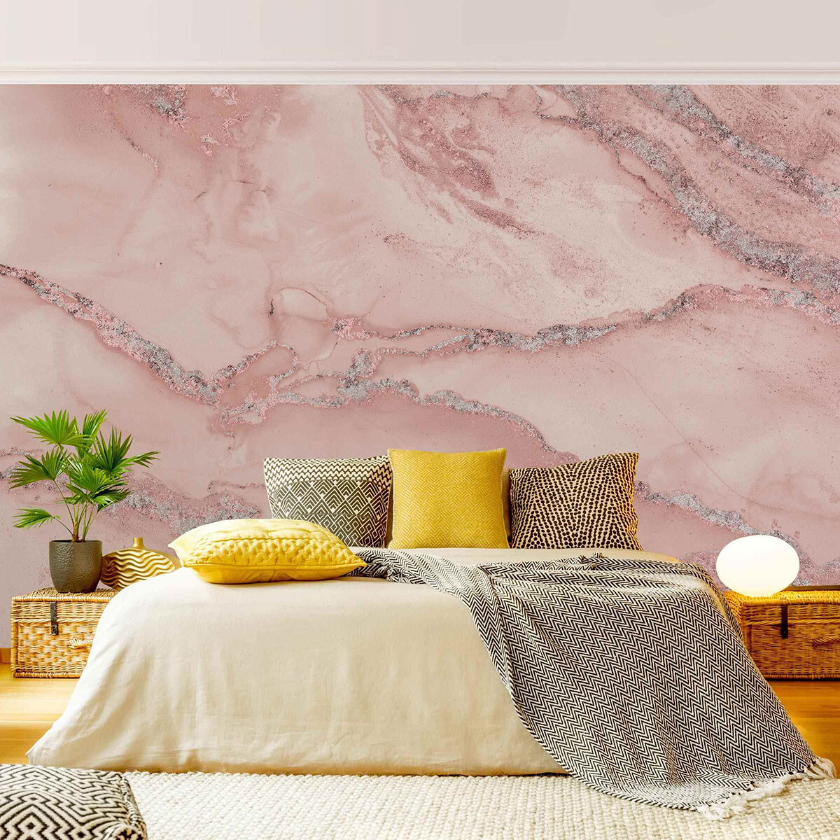 Fototapete Schlafzimmer – Farbexperimente Marmor Rosé und Glitzer