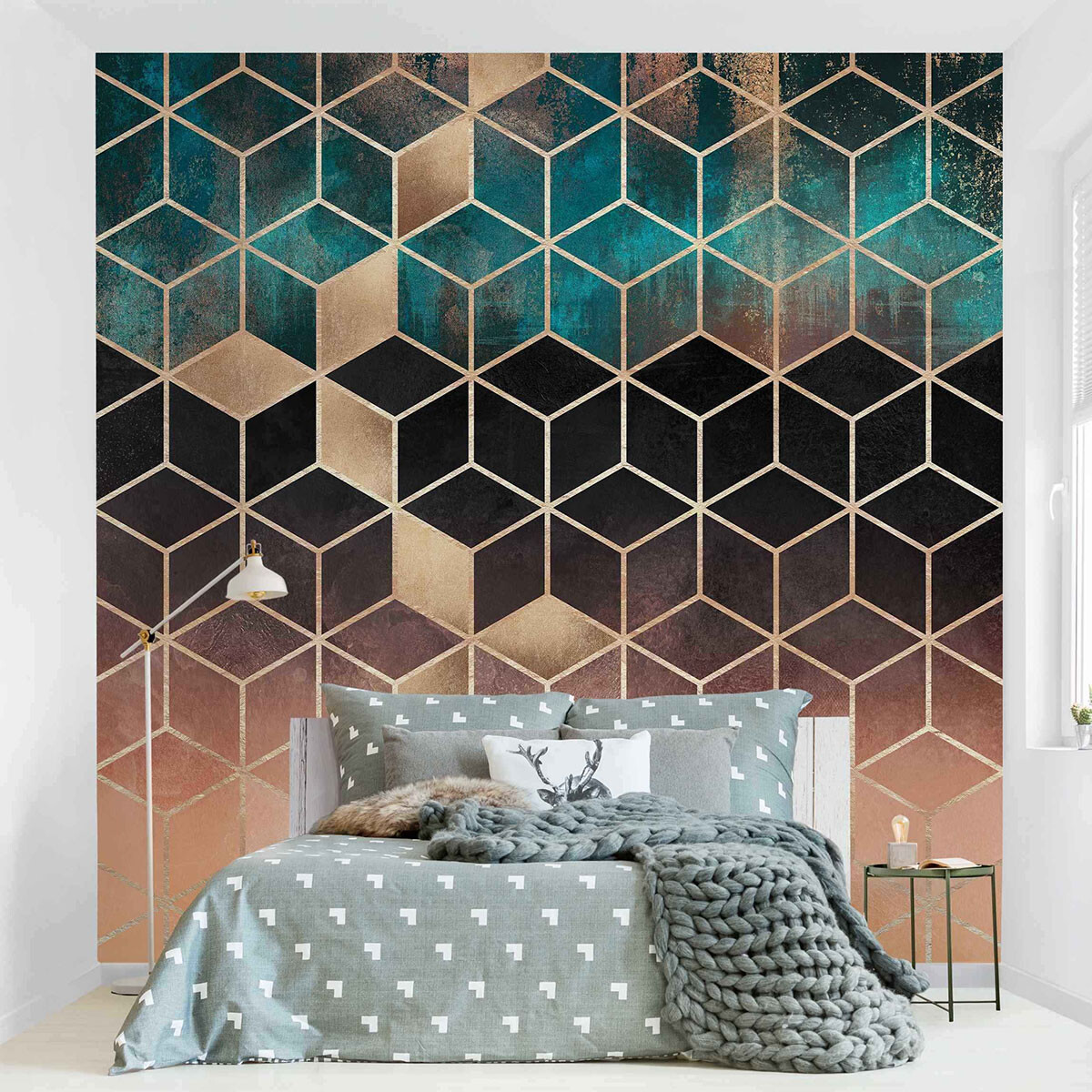 Tapete Schlafzimmer – Türkis Rosé goldene Geometrie