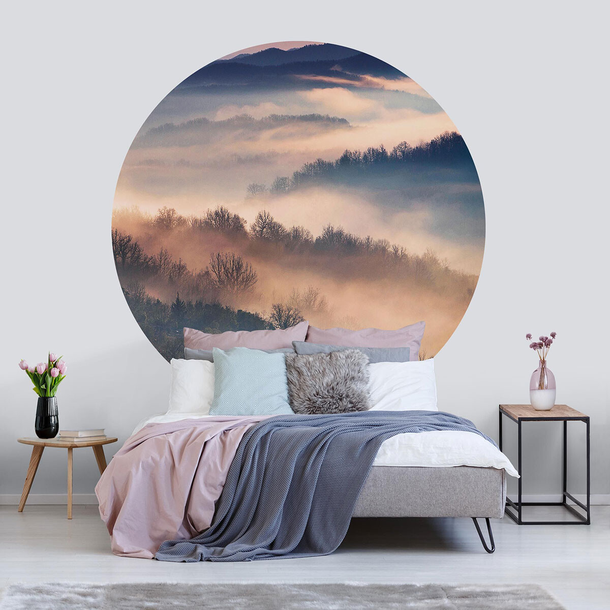 Runde 3D Tapete Schlafzimmer – Nebel bei Sonnenuntergang