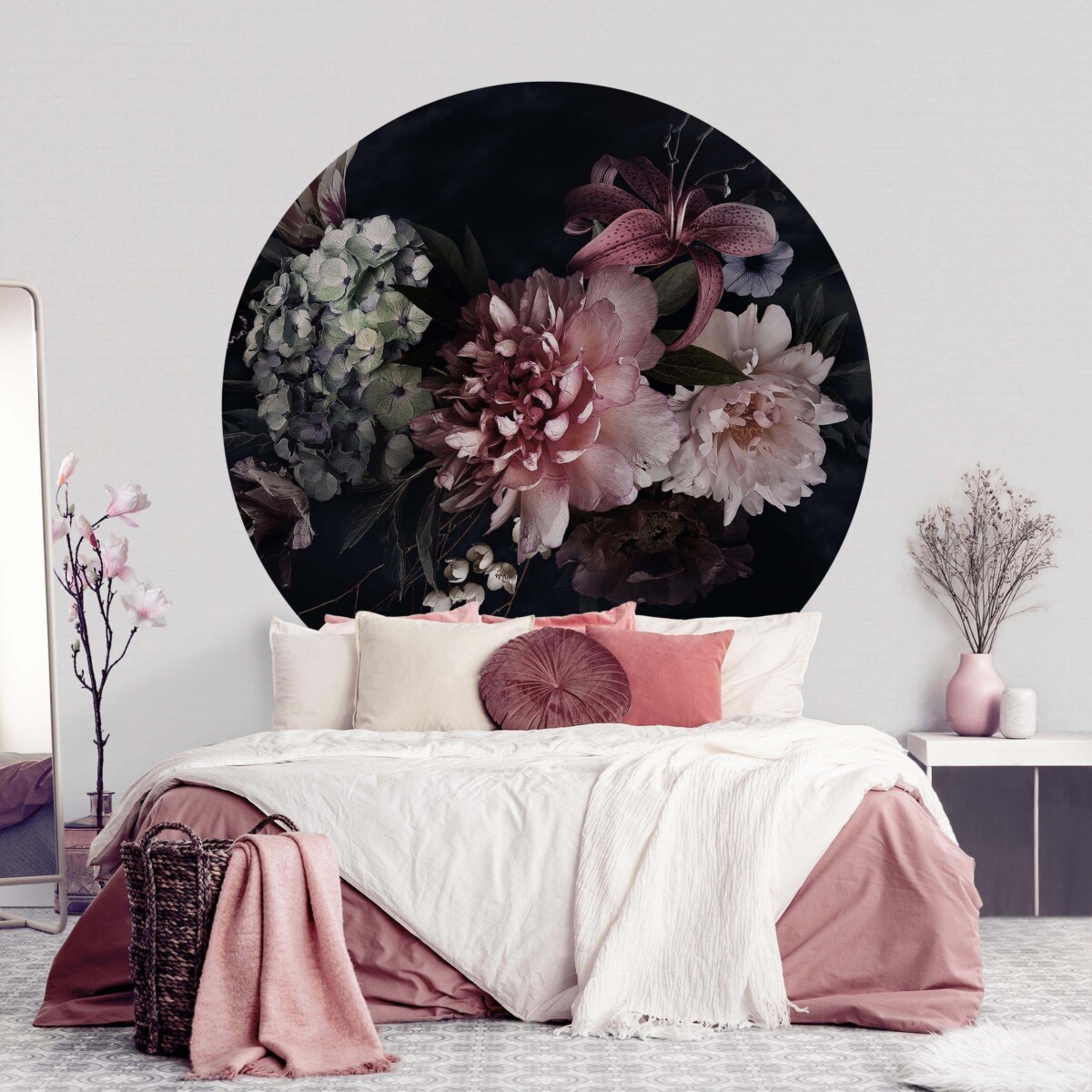 Schlafzimmer Farben – Tapete Blumen mit Nebel auf Schwarz
