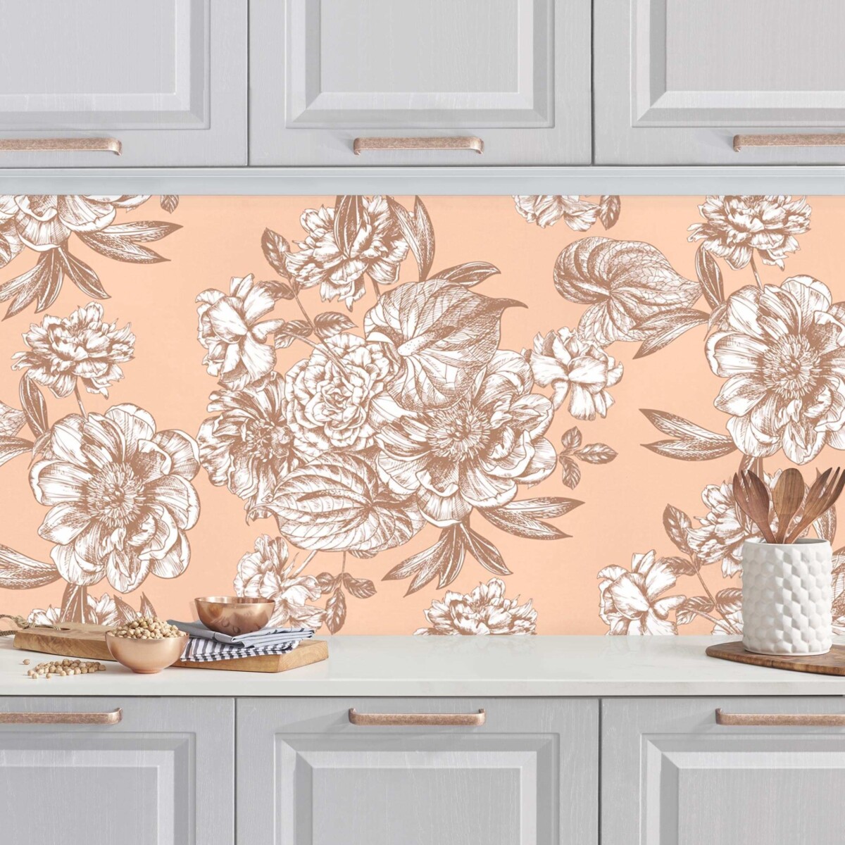 Peach Fuzz – Küchenrückwand Kupferstich Blütenbouquet