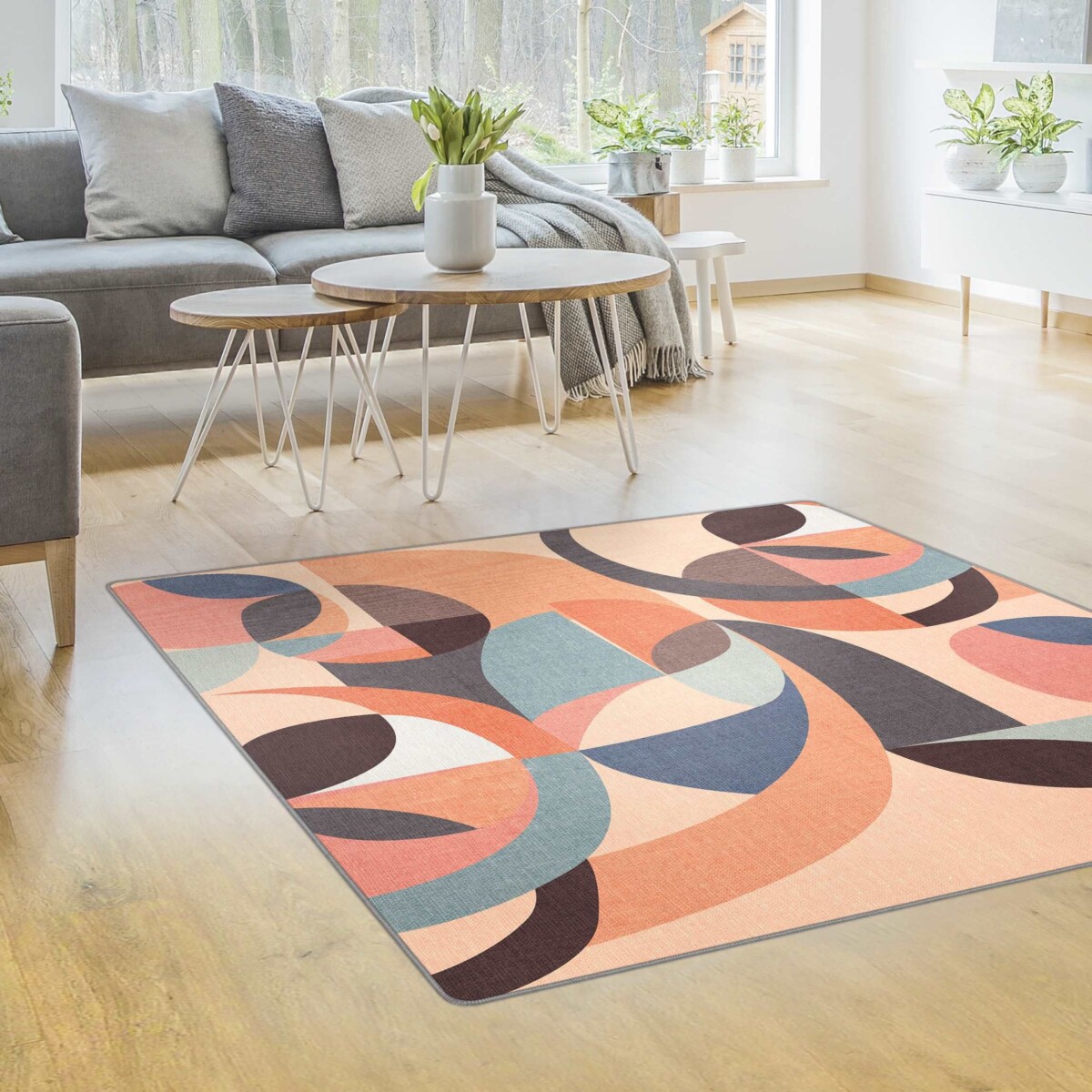 Skandi Wohnzimmer – Teppich Moderne Kreise