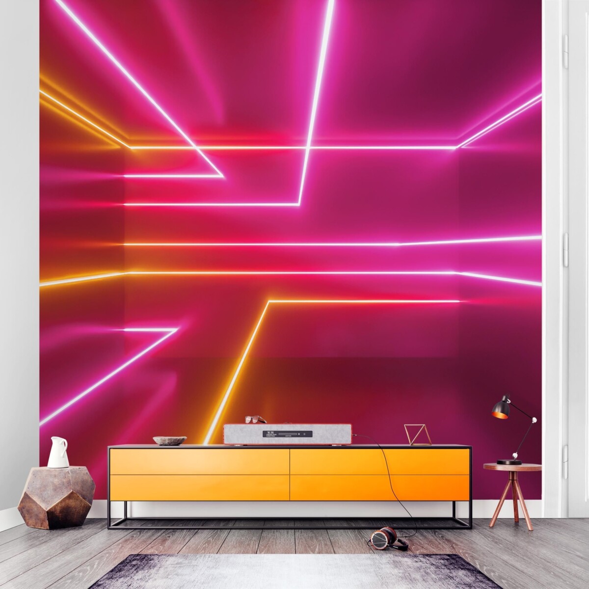 Gaming Zimmer Tapete – Pinke Neonstreifen