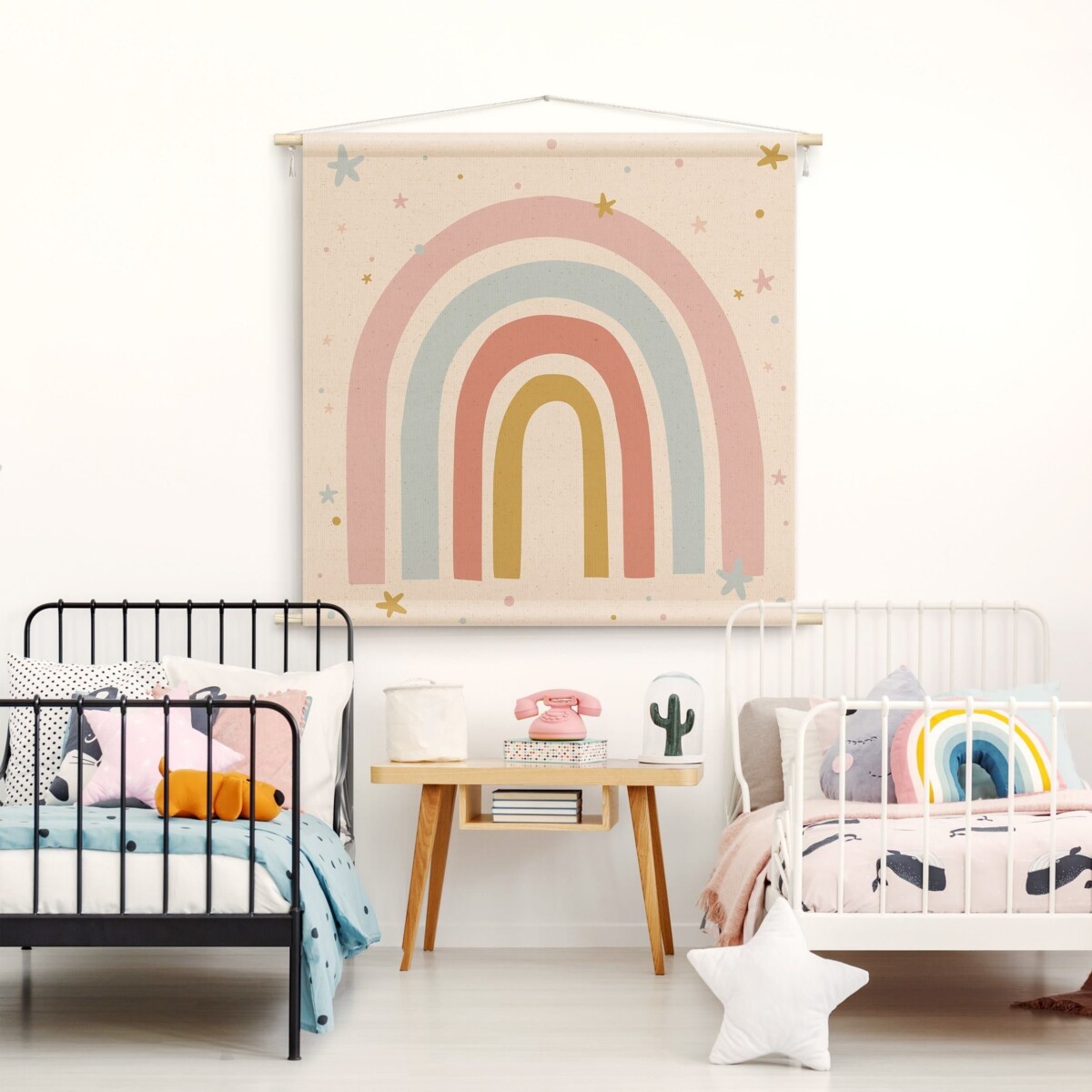 Kinderzimmer Wandgestaltung Rosa – Wandteppich Großer Regenbogen mit Sternen und Pünktchen
