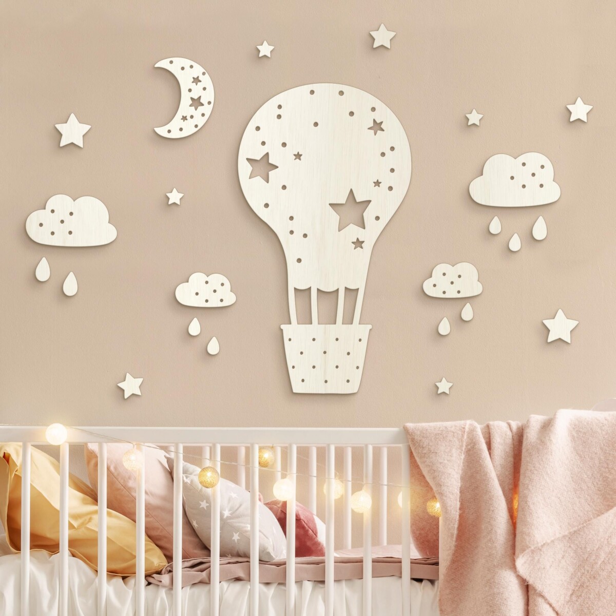 Wandgestaltung Kinderzimmer Wolken – Holz Wanddeko Heißluftballon Sterne Wolken Set