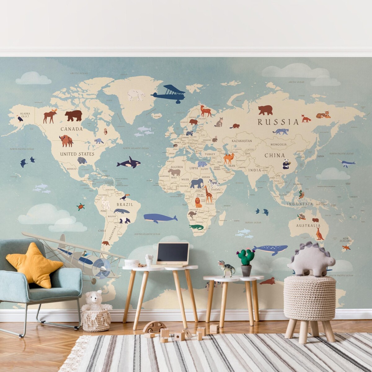 Wandgestaltung Kinderzimmer Blau – Tapete Karte mit Tieren der Welt