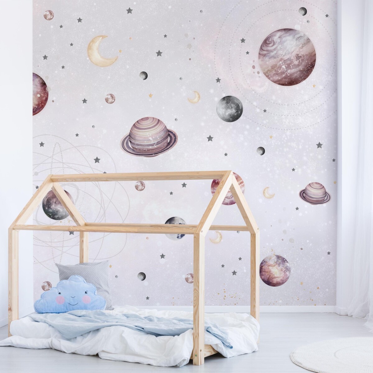 Einrichtung Kinderzimmer mit Tapete – Aquarell Planeten, Mond und Sterne
