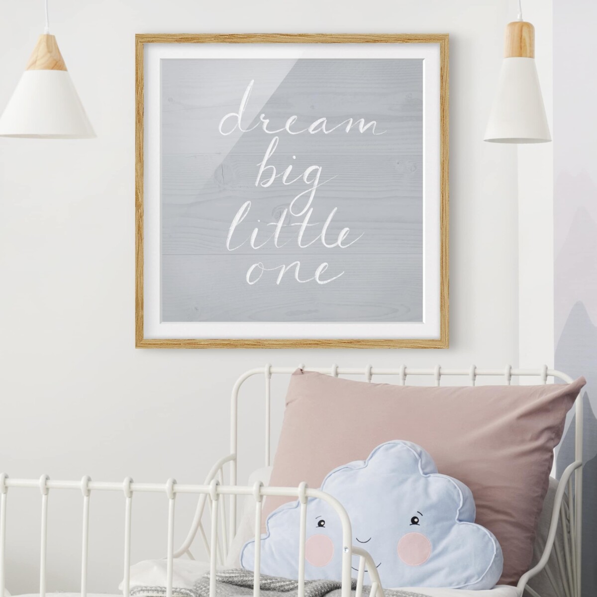 Wanddeko Kinderzimmer Mädchen – Gerahmtes Bild Holzwand grau - Dream big
